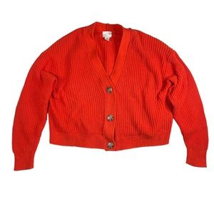 H&M Women Rib Knit Cardigan Sweater Big Button Orange Red Large